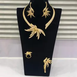 Küpe Kolye Lüks Palmiye Ağacı Yaprağı Nijeryalı gergin mücevher setleri kadınlar için düğün kübik zirkon cz dubai altın gelin setarrings earri