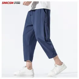 SINICISM STORE Män Solid Summer Beach Pants Mens Cotton Linen Byxor Manlig överdimensionerad kinesisk stil kalflängd byxor 5xl 201110