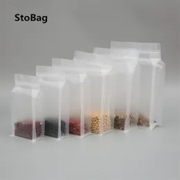 Stobag 50st Transparent Frosted Octagon Sealed Plastic Påsar Square Bottom Self-Tätande PE Dried Fruit Rice Food Sealed Påsar 201021