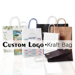 Present Wrap Kraft Paper Bag Anpassad logotyp med handtag Festival Candy Shopping Väskor Anpassa 22062601Gift