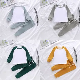 Baby Spring Ribbed Clothing Set Boys Girls Patchwork Outfits Article Pit Cotton Long Sleeve Pullover T Shirt + Pants 2 Piece Sets Kids Autumn Simple Shape