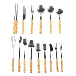 Flatware Sets Stainless Steel Bamboo Root Wooden Handle Spoon Fork Knife Chopsticks Egg Beater Whisk Kitchen Cutlery TablewareFlatware