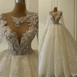 2022 Glitter Dubai Arabia Ball Gown Wedding Dresses Long Sleeves Beads Lace Appliqued Plus Size Custom Made Bridal Gowns Crystal Robe de mariee C0809