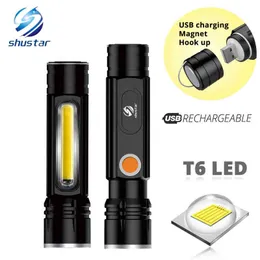 متعددة الوظائف LED المصباح USB داخل البطارية القابلة لإعادة الشحن قوية T6 TORCH Side Torch Side Cob Design Flashlight Tail Magnet J220713