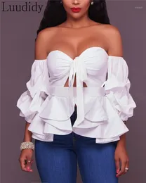 Women's Blouses & Shirts Sexy Ruffles Hem Bandeau Blouse Women Solid Color Lace-Up Long Sleeve Slim Top