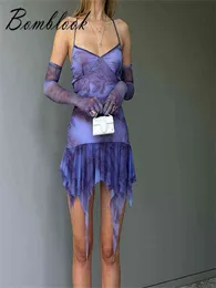 Bomblook Y2K Summer New 2022 Contrast Color Print Sling With Gloves High Waist Pack Hip Tassel Mini Dress Women Street Style Y220401