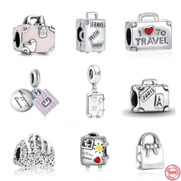 925 Sterling Silver Dangle Charm New Fine Pink Handbag Bead Blue Travel Suitcase Bead Fit Pandora Charms Bracelet DIY Jewelry Accessories
