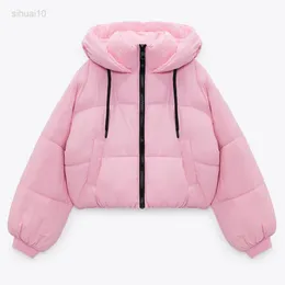 Jaquetas de parka femininas rosa com mangas compridas e moles com capuz Kaki cortada jaqueta quente, senhoras elegantes, casaco de inverno l220725