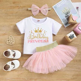Citgeett Summer Toddler Baby Girls Outfit Sets White Short Sleeve Letter Print Tops Pink Tulle Skirt Headband Clothes J220711
