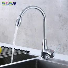 Kitchen Faucets SDSN Polished Chrome Kitchen Faucet Solid Brass Kitchen Sink Mixer Tap Single Lever Hot Cold Water Faucets T200424