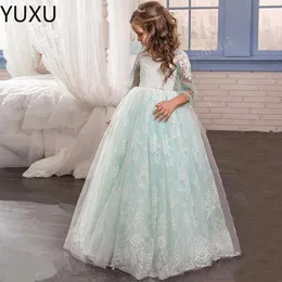 2022 Sevimli Mavi Balo Elbise Çiçek Kız Elbise Prenses Sheer Uzun Kollu Aplikeler Mücevher Boyun Dantel Toddler Doğum Günü Partisi