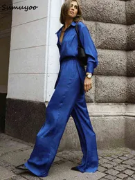 Sumuyoo Office Ladies Satin Blue Pantuits قميص طويل وسروال 2 قطعة مجموعات ملابس النساء عريضة الساقين بدلة 2022 T220729