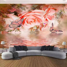 Tapestry Pink Rose Flower Fjäril hängande väggduk billigt växtmatta för B