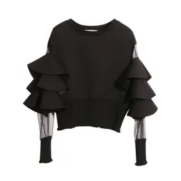 Twotwinstyle Patchwork Mesh Perspective Kort kvinnlig tröja för kvinnor Top Pullovers Loose Black Autumn Top Clothes New 2020 MX200812