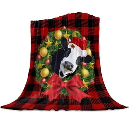 Blankets Christmas Wreath Cow Red Plaid Throw Blanket For Sofa Decoration Bedspread Portable Microfiber Flannel
