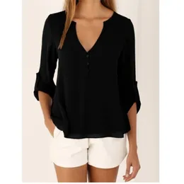 Women Shirts Summer Autumn Casual Vneck Chiffon Blouse Women Tops And Blouses Long Sleeve Black White Ladies Blouse Shirt 210401