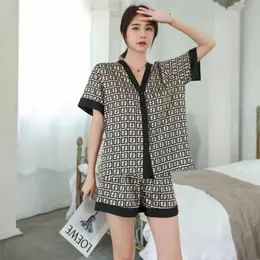 Summer Ice Silk Pajamas Women's Pajamas Sets V Neck Design Print Short Sleeve Sleepwear Home Clothes Satin Homewear 220712