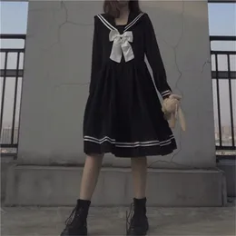 Japanese Lolita Kawaii Sweet Bowknot Robes Long-Sleeve Black Knee-Length Navy Preppy Party Women Summer Dress clothes dresses 220316