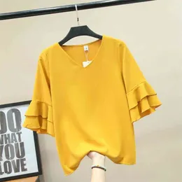 Fashion Brand Women's blouse Summer Butterfly Sleeve Chiffon Shirt V-Neck Casual blouse Plus Size 4XL Loose Female Tops 210326