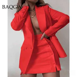 Moda Kadın Sokak Giyim Şeker Renk Temel Blazer Setleri Ceket Yan Düğmeleri Etek İnce Takım Ceket Takım Ofis Leydi Setleri S-XXL T220729