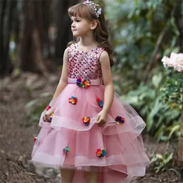 2022 Lato Nowa Dresy Księżniczka Dzieci Dziewczyny Mesh Kwiat Bez Rękawów Trailing Sukienki Bankiet Party Elegancka Sukienka Wear Wear