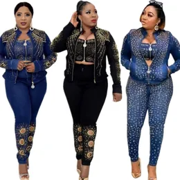 Houseofsd Fashion African Women Denim Diamond Flowers Suit Bra Top Pant 3 Piece Set Elastic Jeans Party Outfits For Ladies 220704