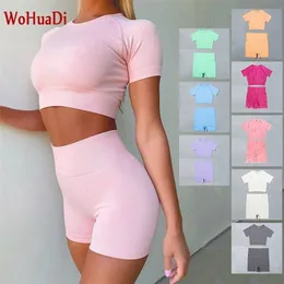 Wohuadi Summer Seamless Yoga Set Damkläder 2piece Sport Crop Top T-shirt + Shorts Leggings Push Up Fitness Workout Gym Suit 220330