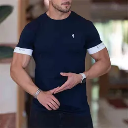 Men Gym Pure Color Cotton T-shirt قصيرة الأكمام قميصًا غير رسمي قميصًا للياقة البدنية كمال الأجسام تجريب TEE Tops Summer Clothing G220512