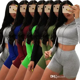Women Hoodies Tracksuits Sweatsuit 2 Piece Set Long Sleeve Hooded Crop Top and Shorts Outfits