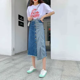 Jeans Skirts Vintage Ripped Sexy Split Knee Length Summer Denim Skirt Irregular Stitching Slit Mid Length Skirt Fashion 210412