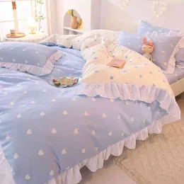INS modische Bettwäscheset mit modischem Baumwoll -Bett mit montiertem Bettblatt süße Prinzessin AB doppelseitig Rüsche Quilt Cover Kissenbezug voller Größe