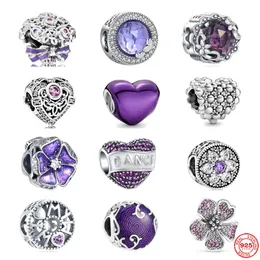 925 Sterling Srebrny Dangle Charm Dream Purple Koraliki Miłość serca kwiaty wisiorek koraliki fit fit pandora uroków bransoletka DIY Jewelry Akcesoria