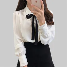 Bow Shirts Woman Long Sleeve Button Chiffon Blue Women Embroidery Blauses Butterfly Sleeve Casual White Shirt Femme 210401