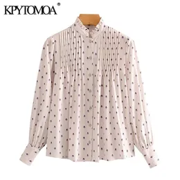 KpyTomoa Mulher Moda Semiária Imprimida Blouses Pleated Bloups Vintage Alta Camisetas de Manga Lonja Blusas Chic Tops 210401