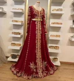 Rotes, exquisites Langarm-arabisches Ballkleid-Outfit, 2022, goldene Spitze, Stickerei, marokkanischer Kaftan, Kaftan, Dubai-Abendkleid