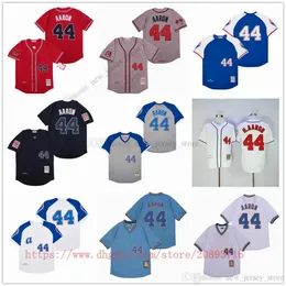 Film Vintage Baseball-Trikots trägt genähte 44 HankAaron Alle genähten Namen Nummer Away Atmungsaktive Sport Sale Hochwertiges Jersey