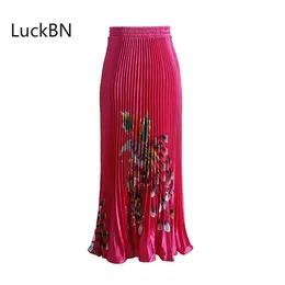 Vintage Cartoon Print Christmas Skirts Pleated Thin Silk Big Swing Umbrella Party Bright Satin High Waist Long Women 220317