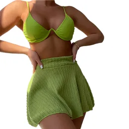 FS Women Green Triangle Swimwear Belt High Waisted Pleated Skirt Bikini Set Three Pieces Beach Style Solid Color Bathing Suit