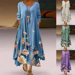 Casual Dresses Spring Summer Women Dress Floral Print Long Sleeve Maxi Elegant Plus Size Oregelbundna Hem Female Vestidos