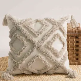 Morroccan Style Cushion Cover Beige Boho Pudowcase With Tassels Home Decor Handgjorda vävda örngott för soffa vardagsrum 210401