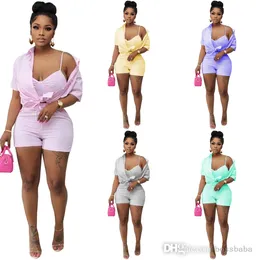 2022 Womens Tracksuits Women 3 Pieces Plain Stripped Print Shirt Shorts Set 2023 Femme Casual Top Pocket Design Suits Lady Sexy Overalls
