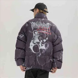 Erkekler Down Parkas Hip Hop Ceket Parka Hurt Bear Baskı Erkekler Kış Büyük Boy Rüzgar Yemeği Sokak Giyim Harajuku Yastıklı Palto Sıcak Outwearmen T220809