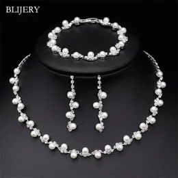 BLIJERY Fashion Simulated Pearl Crystal Bridal Jewelry Sets Simple Women Choker Necklace Earrings Bracelet Wedding Jewelry Sets 220726