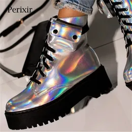 Perixir Laceup Ankle Biker Boot in Silver Leather Flat Ankle Rubber Boots with Cargo Pocket Winter Platform Boots Women 201102