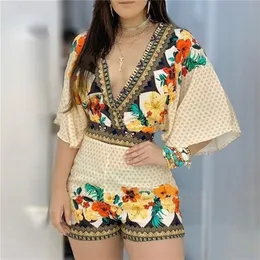hirigin Women's Jumpsuit Casual Summer Floral Printed Playsuit Women Rompers 3/4 Sleeve Backless Playsuit Women Clothes 220714