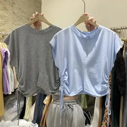 Women's T-Shirt Solid Cotton T Shirts Brand Niche Design Side Shirring Sleeveless Crop Tops 2022Korean Casual Women O-neck Plus Size Summer