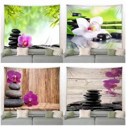 Green Bamboo Orchid Zen Tapestry Black Stone Wood Board Print Asian Spa Landscape Wall Hanging Home Living Room Bedroom Decor J220804