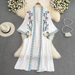 Summer new women's holiday beach bohemia style nation ethnic embroidery flower loose midi long sunscreen cape coat cardigan