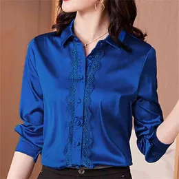 Koreańskie jedwabne koszule kobiety satynowe bluzki eleganckie biuro dama bluzki z długim rękawem koronkową koszulę plus size blusas mejr de moda 210401