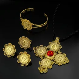 Oro giallo 14k oltre 1/10 OZ LADY LIBERTY COIN set CORDA TELAIO Orecchino PENDENTE Bracciale con rubino rosso Set di gioielli